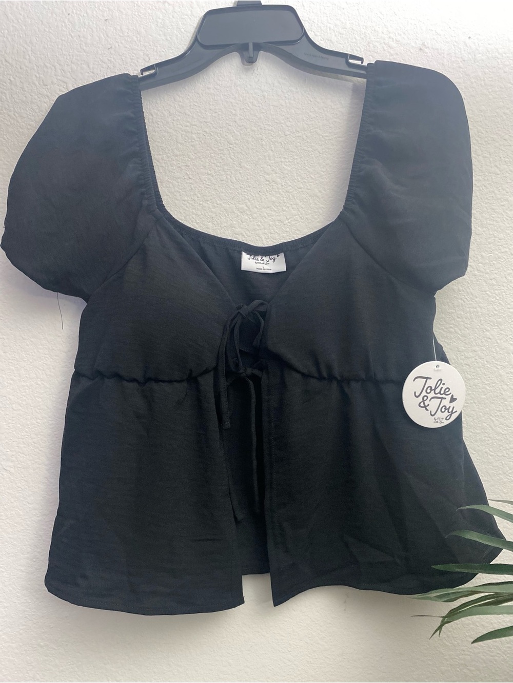 Black Puff-Sleeve Tie-Front Top